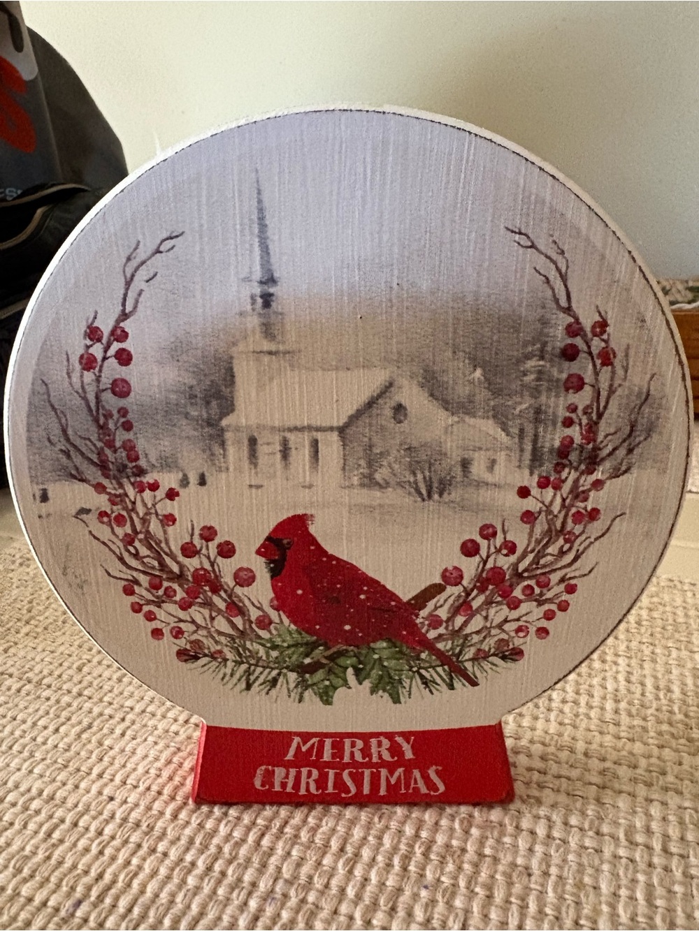 Holiday Cardinal Wooden Table Decor - Red Merry Christmas wood waterglobe